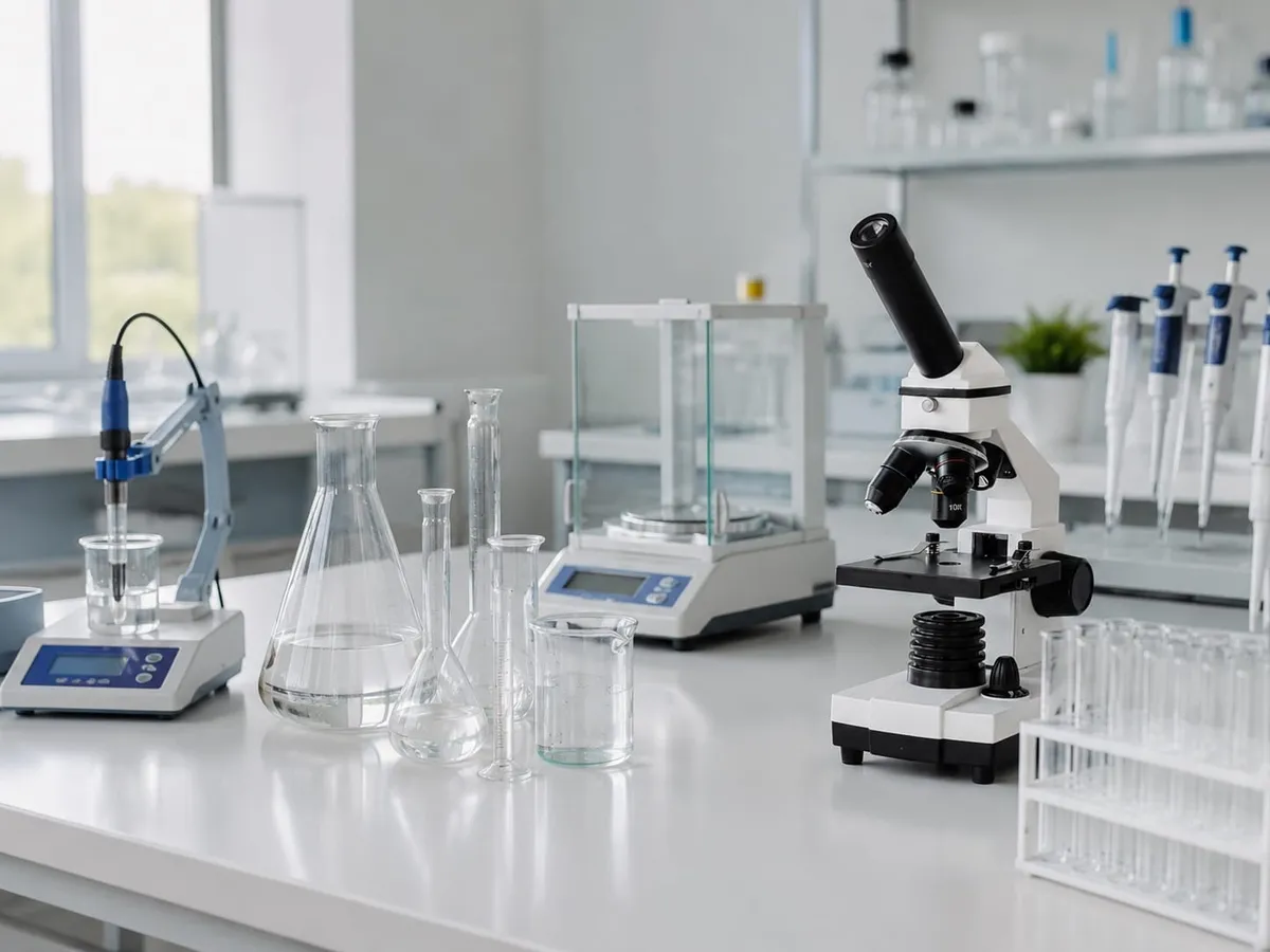 Modern laboratory workspace with lab equipment and glassware